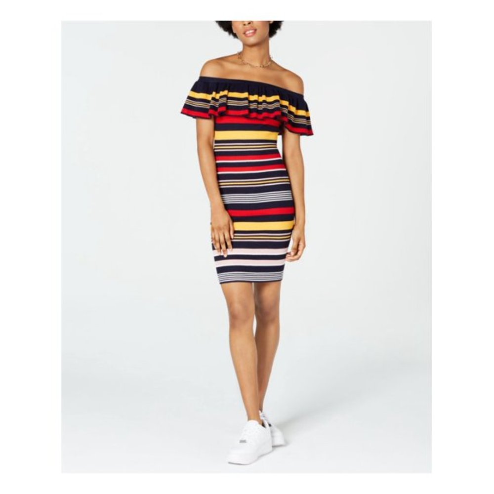 Sweater Dress M / S ALMOST FAMOUS Retro Striped Off The Shoulder Mini Body Con - Picture 1 of 9